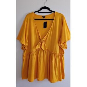 Torrid Women 3X Yellow Cotton V-Neck Tie Front Babydoll Flutter Short Sleeve Top